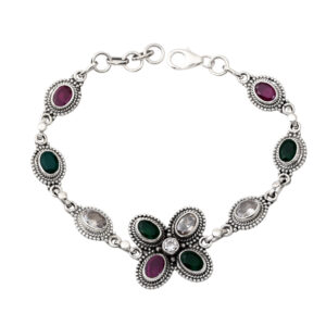 Ruby Green Flower Design Bracelet in Sterling Silver